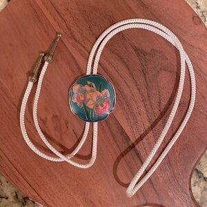 Bolo tie in cloisonné orchids. New, unique look!